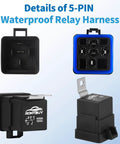 5 Pin Waterproof Relay Kit 40 30 Amp 12V SPDT Relay With Harness, showing detailed views and connections, pack of 2.