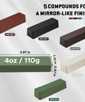 Five color coded 4oz polishing bars deliver a complete finishing workflow with progressive grits for metals and glass