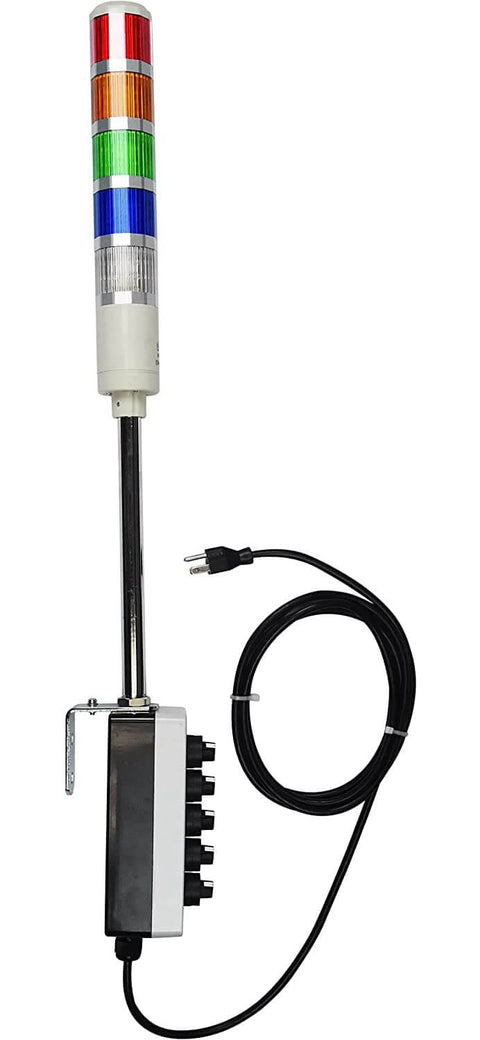 Five Stack LED Andon Tower Light With 8 Foot Industrial Power Cord And Three Position On Off Flash Red Amber Green Blue White LEDs Plug And Play Ready Indoor Industrial Grade OSHA Compliant Includes Switch Box Pole And Lights.