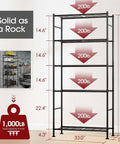 5-Tier Heavy-Duty Wire Shelving Unit with Leveling Feet, 72 inches tall, supports 1000 lbs, dimensions and weight capacity displayed