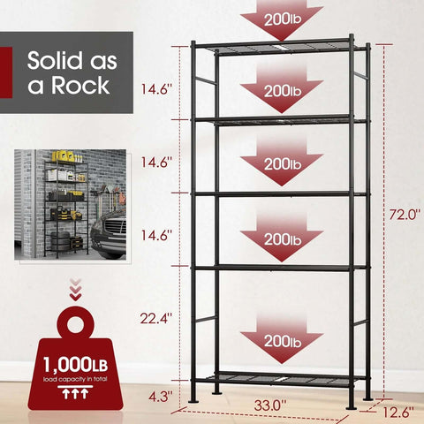 5-Tier Heavy-Duty Wire Shelving Unit with Leveling Feet, 72 inches tall, supports 1000 lbs, dimensions and weight capacity displayed