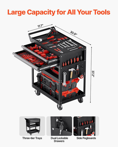Heavy Duty 5 Tier Rolling Tool Cart With 400 Lb Capacity, Locking Drawers, Pegboard Side Panels, And Smooth Glide Drawers For Garage, Workshop Or Repair Shop VEVOR