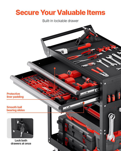 Heavy Duty 5 Tier Rolling Tool Cart With 400 Lb Capacity, Locking Drawers, Pegboard Side Panels, And Smooth Glide Drawers