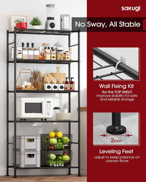 5-Tier Heavy-Duty Wire Shelving Unit With Leveling Feet Garage Pantry Kitchen Closet Storage 1000 Lb Capacity, filled with items
