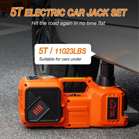 5-Ton Electric Car Jack Kit with Hydraulic Lift under vehicle, orange design, suitable for sedans, SUVs, trucks