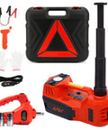 5 Ton Electric Car Jack Kit With 12V Hydraulic Floor Jack Built In Impact Wrench And Tire Inflator LED Light Quick Lift To 17.7 Inches Stable Non Slip Cross Groove Ideal For SUV Sedan Truck Roadside Tire Change, including accessories and carrying case.