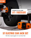Heavy Duty 5 Ton Electric Car Jack Kit With Built In Inflatable Pump, LED Light And Electric Impact Wrench For SUVs, Sedans And Trucks, Lifting Range 6.1 to 17.7 Inches, Roadside Emergency Lifesaver By VEVOR lifting a car