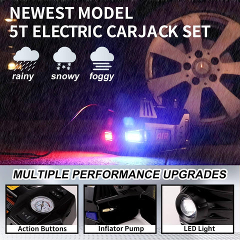 5 Ton Electric Hydraulic Car Jack Kit With Seventeen Point Seven Inch Lift Portable 12V Floor Jack Includes Impact Wrench Tire Inflator Pump And LED Work Light For SUVs Sedans Trucks Built For Quick Tire Changes And Repairs in use during rainy weather