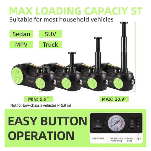 5 Ton Electric Hydraulic Car Jack Kit With 12V Portable Lift Reach 20.9 Inches shown with easy button operation feature