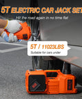 5-Ton Electric Car Jack Kit With Hydraulic Lift, Tire Inflator, And Impact Wrench in use on a car tire