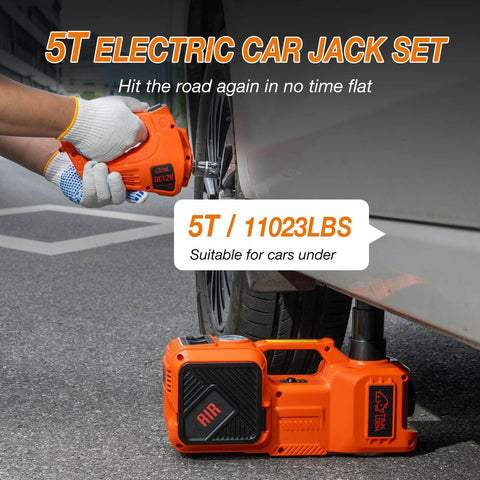 5-Ton Electric Car Jack Kit With Hydraulic Lift, Tire Inflator, And Impact Wrench in use on a car tire