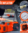 All In One 5 Ton Electric Car Jack Set With Integrated Tire Pump And Impact Wrench By Trihelper shown inflating a tire.