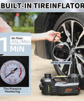 5 Ton Electric Hydraulic Car Jack Kit With Seventeen Point Seven Inch Lift Portable 12V Floor Jack Includes Impact Wrench Tire Inflator Pump And LED Work Light For SUVs Sedans Trucks Built For Quick Tire Changes And Repairs; tire inflator in use