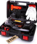 Heavy Duty 5 Ton Hydraulic Floor Jack Kit With Tire Inflator LED Light For Quick Safe Lifts And Portable Carry Case For Cars SUVs Sedans And MPVs StandTall Complete Accessory Set in open case, showing tools and gloves.