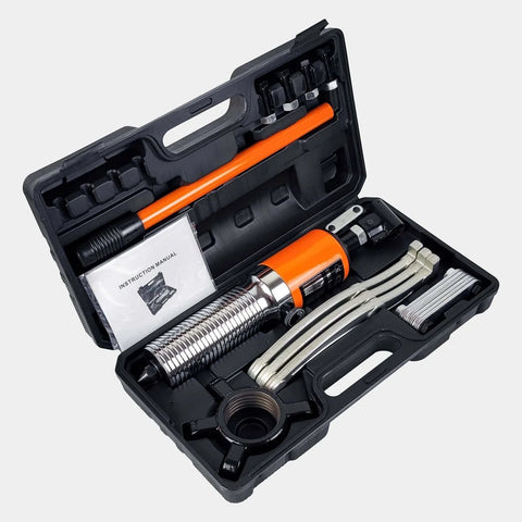 Open case displaying Beefy Hydraulic Gear Puller Kit With Five Ton Capacity And Two Or Three Adjustable Jaws Bearing Hub Separator Tool for pulling hubs, flanges, gears, and bearings with eight-inch jaws and heavy-duty hydraulic puller.