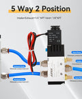 Airix 4V210-08 pneumatic solenoid valve, 5-way 2-position, DC12V, 1/4 in NPT, with junction box and blue hoses