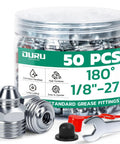 Pro Grade 50 Piece One Eighth Inch Twenty Seven Thread Zerk Grease Fittings Kit With Straight Fittings Caps And An Eleven Millimeter Wrench For Grease Gun Use Durable Galvanized Steel Set Built For Heavy Machinery And Everyday Equipment Maintenance OURU with storage jar and wrench