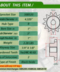 Diagram of #50 Roller Chain Sprocket 20 Tooth 1" Bore with specifications and black oxide finish