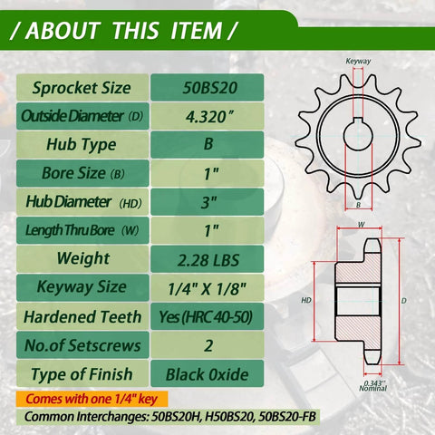 Diagram of #50 Roller Chain Sprocket 20 Tooth 1" Bore with specifications and black oxide finish