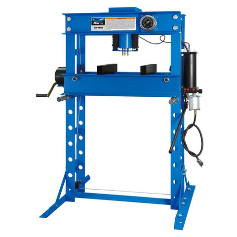 50 Ton Air/Hydraulic Shop Press, 7.5" Ram Stroke, blue frame, with Double Speed Pump and Self-Locking Hand Winch