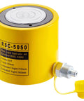 Beefy 50 Ton Hydraulic Jack With 2 Inch Stroke Solid Single Acting Ram Cylinder 50Mm Bore Lifting Tool For Auto Repair Heavy Equipment And Workshop Use By Mophorn displayed from side view with yellow solid steel body.