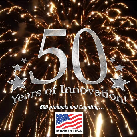 50 years of innovation celebration with fireworks, showcasing over 600 products, made in USA.