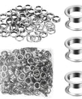 500 Pcs Grommet and Washer Kit for Leather, Fabric and Bags 1/4 Inch Inner Diameter Silver Finish Eyelets, pile and detail view