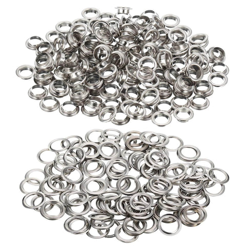 500 Pcs Grommet and Washer Kit for Leather, Fabric and Bags 1/4 Inch Inner Diameter Silver Finish Eyelets displayed loosely