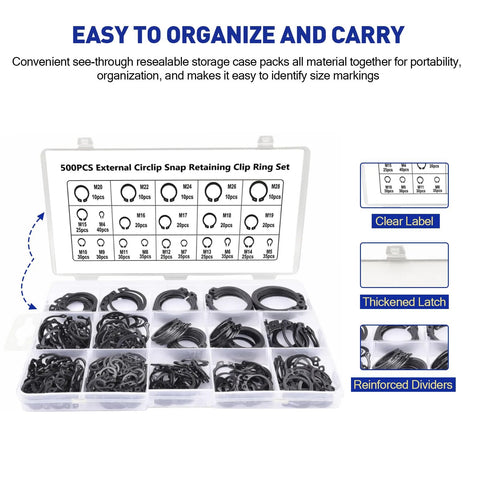 External Circlip Snap Ring Kit 500 Pcs Alloy Steel Snap Ring Assortment Set 21 Sizes M4 To M28 in labeled storage case