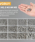 500 Pcs Stainless Steel Nut and Bolt Assortment Kit with M2 M2.5 M3 M4 M5 Metric Machine Screws showcase in organized container.