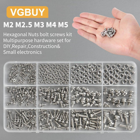 500 Pcs Stainless Steel Nut and Bolt Assortment Kit with M2 M2.5 M3 M4 M5 Metric Machine Screws showcase in organized container.