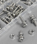 500 Pcs Stainless Steel Nut and Bolt Assortment Kit with M2 M2.5 M3 M4 M5 Metric Machine Screws in transparent organizer.
