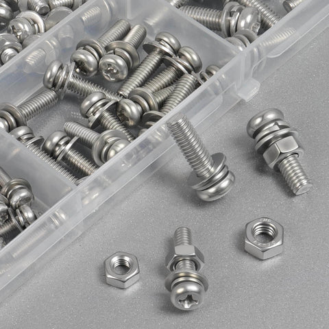 500 Pcs Stainless Steel Nut and Bolt Assortment Kit with M2 M2.5 M3 M4 M5 Metric Machine Screws in transparent organizer.