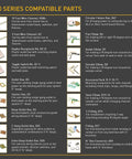 500 Series compatible parts list with descriptions and images of accessories, outlet boxes, elbows, connectors for Wiremold raceway systems.