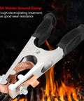Heavy-Duty 500A Copper Welding Ground Clamp with electroplated finish and strong spring, shown against fiery background.