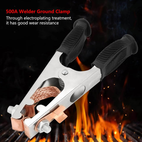 Heavy-Duty 500A Copper Welding Ground Clamp with electroplated finish and strong spring, shown against fiery background.