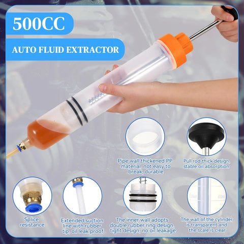 500cc Fluid Extractor For Automotive Use Manual Oil Transfer Pump Syringe with Orange Body, Leak-Free Quick Suction
