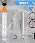 500cc Fluid Extractor For Automotive Use Manual Oil Transfer Pump Syringe For Gasoline Power Steering And Hydraulic Fluids Lightweight Handheld Oil Extractor With Orange Body Quick Suction Leak Free Operation, showing pump, rubber rings, and dimensions