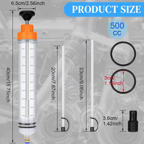 500cc Fluid Extractor For Automotive Use Manual Oil Transfer Pump Syringe For Gasoline Power Steering And Hydraulic Fluids Lightweight Handheld Oil Extractor With Orange Body Quick Suction Leak Free Operation, showing pump, rubber rings, and dimensions