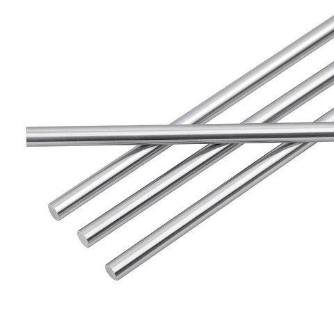 20 Pieces Pack 500mm 8mm Diameter Linear Motion Rod Shaft Guide Set With Four Linear Guides Eight SCS8UU Slide Blocks And Eight SK8 Rod Rail Supports For 3D Printers DIY CNC And Auto Molding Machines depicting four steel rods on a white background.