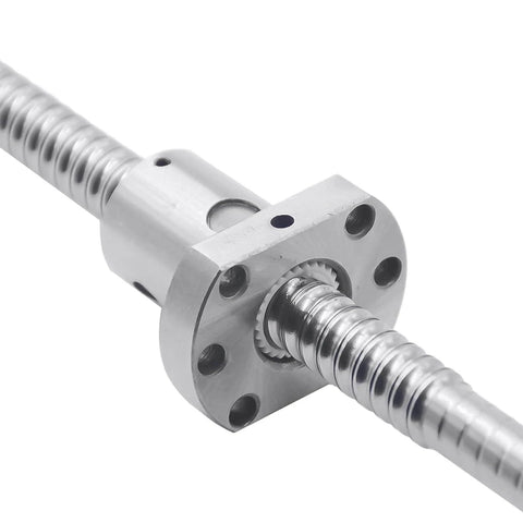 Close-up of 500mm sfu1204 ball screw with metal deflector from the 2pcs 500mm hgr20 linear guide rail with 4 bearing block set for CNC use.