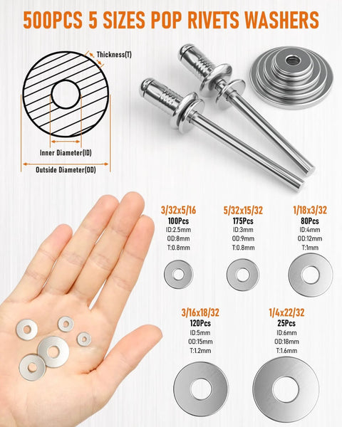 500PCS 5 sizes pop rivets washers with aluminum pop rivets and size chart for installation in hand