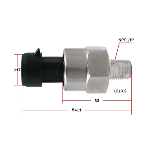 Built Tough 500 Psi 1/8 NPT Pressure Transducer Sensor side view showing stainless steel body for oil pressure sender