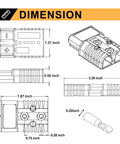 Technical drawing showing dimensions of 50 Amp Battery Quick Connect Disconnect Plug Kit, 6 To 10 Gauge Wire Harness, 4 Pack Red Quick Connect.