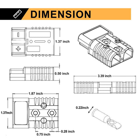 Technical drawing showing dimensions of 50 Amp Battery Quick Connect Disconnect Plug Kit, 6 To 10 Gauge Wire Harness, 4 Pack Red Quick Connect.