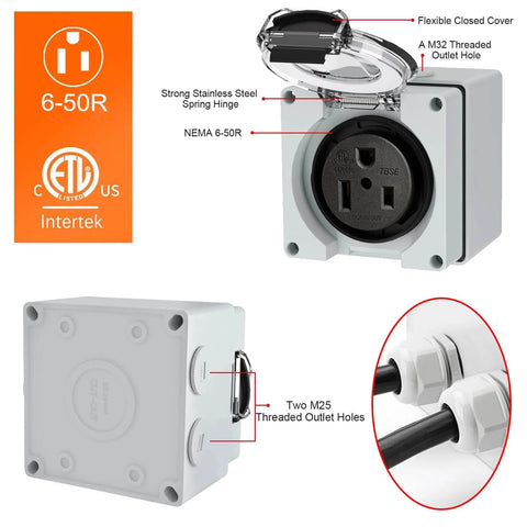 Beefy 50 Amp NEMA 6-50R Outdoor Weatherproof Outlet Box with Waterproof Glands, 250V Welder Receptacle, ETL Listed, IP66