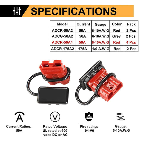 50 Amp Battery Quick Connect Disconnect Plug Kit, 6 To 10 Gauge Wire Harness, 4 Pack Red Quick Connect Plugs with specifications table