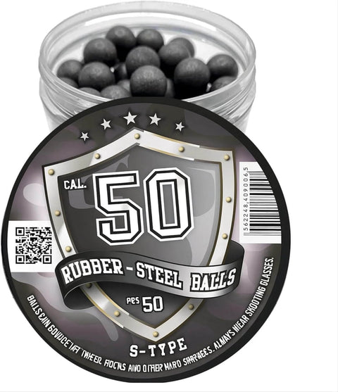 50 x Premium Quality Hard Mix Rubber Steel Balls 2.7 Grams Heavy Reusable Projectiles in 50 Caliber (S-Type) in a jar