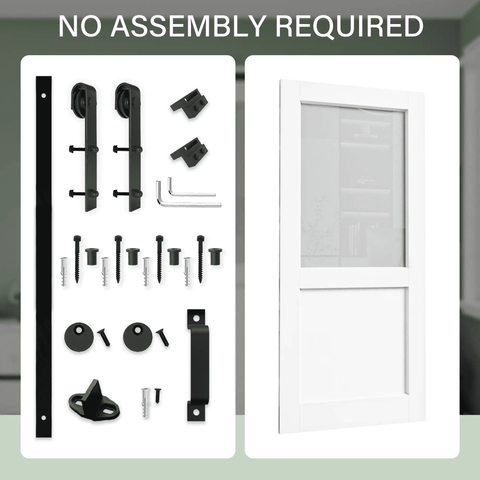 Half Frosted Glass Upper Panel Sliding Barn Door With White Primed Solid Wood And Hardware Kit 36 By 80 Inches No Fuss Install