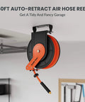 Retractable Three Eighth Inch By Fifty Foot Air Hose Reel With Auto Rewind Hybrid Hose 300 PSI Max Ceiling Or Wall Mount Built